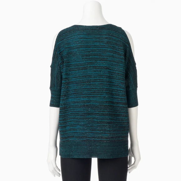 Apt. 9 Teal Green Metallic Cold-Shoulder Knit Sweater Top Size Womens Large - Picture 2 of 10